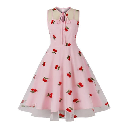 2024 New Hepburn Vintage O Neck Mesh A Line Dress.  Bow Embroidery,  Swing A Line 50s 60s Cocktail Party, Medium Length       s