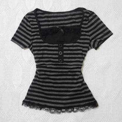 Gothic Crop Top Casual Slim Fit - Striped Lace Bow Button Design Short Sleeve T-Shirt, Streetwear