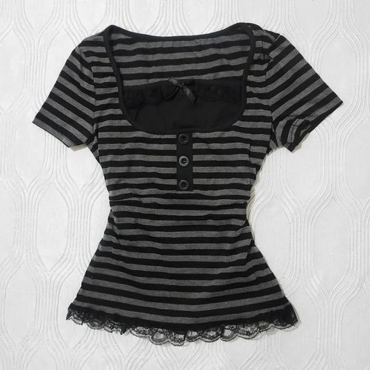 Gothic Crop Top Casual Slim Fit - Striped Lace Bow Button Design Short Sleeve T-Shirt, Streetwear