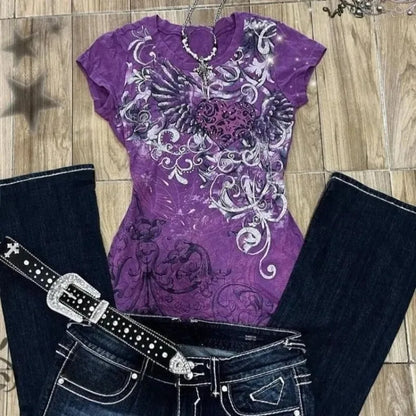 Summer Subculture Vintage Purple Print T-Shirt - American Retro Casual Slim Tee