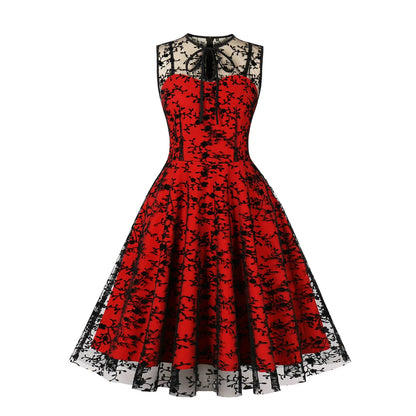 2024 New Hepburn Vintage O Neck Mesh A Line Dress.  Bow Embroidery,  Swing A Line 50s 60s Cocktail Party, Medium Length       s