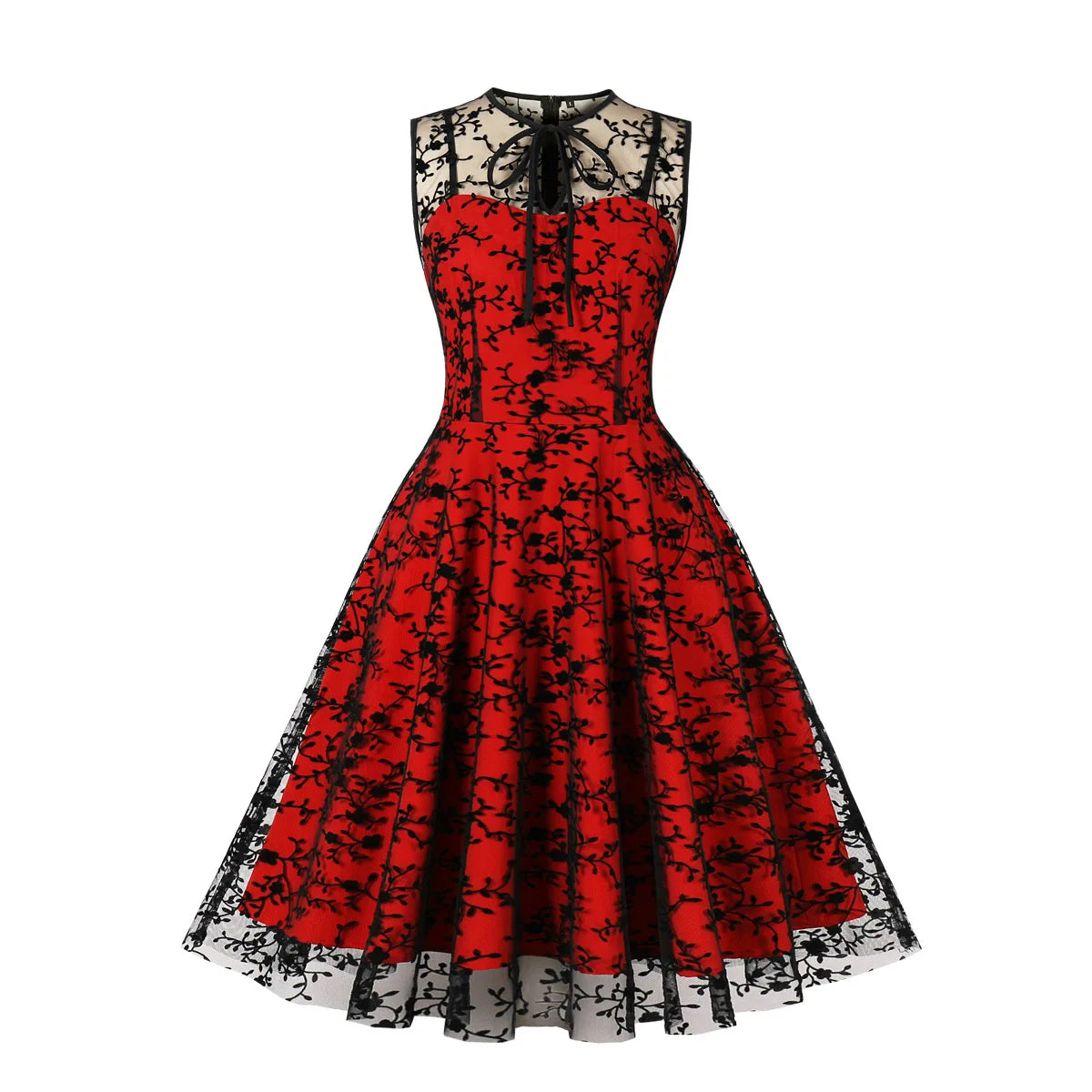 2024 New Hepburn Vintage O Neck Mesh A Line Dress.  Bow Embroidery,  Swing A Line 50s 60s Cocktail Party, Medium Length       s
