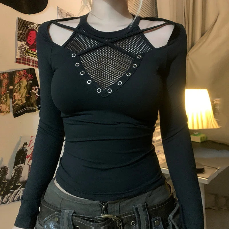 Goth Dark Tech wear Chic Hollow Out T-Shirt - See Through Slim Top