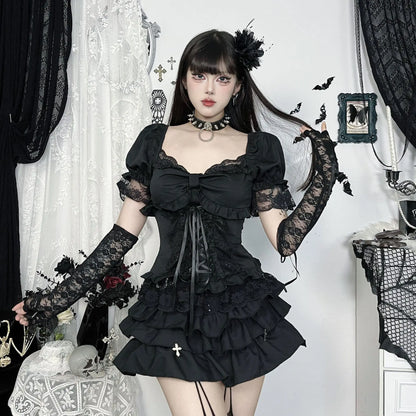Solid E-girl Lace Patchwork Short Sleeve T-Shirt.  Bow Bandage Gothic Slim