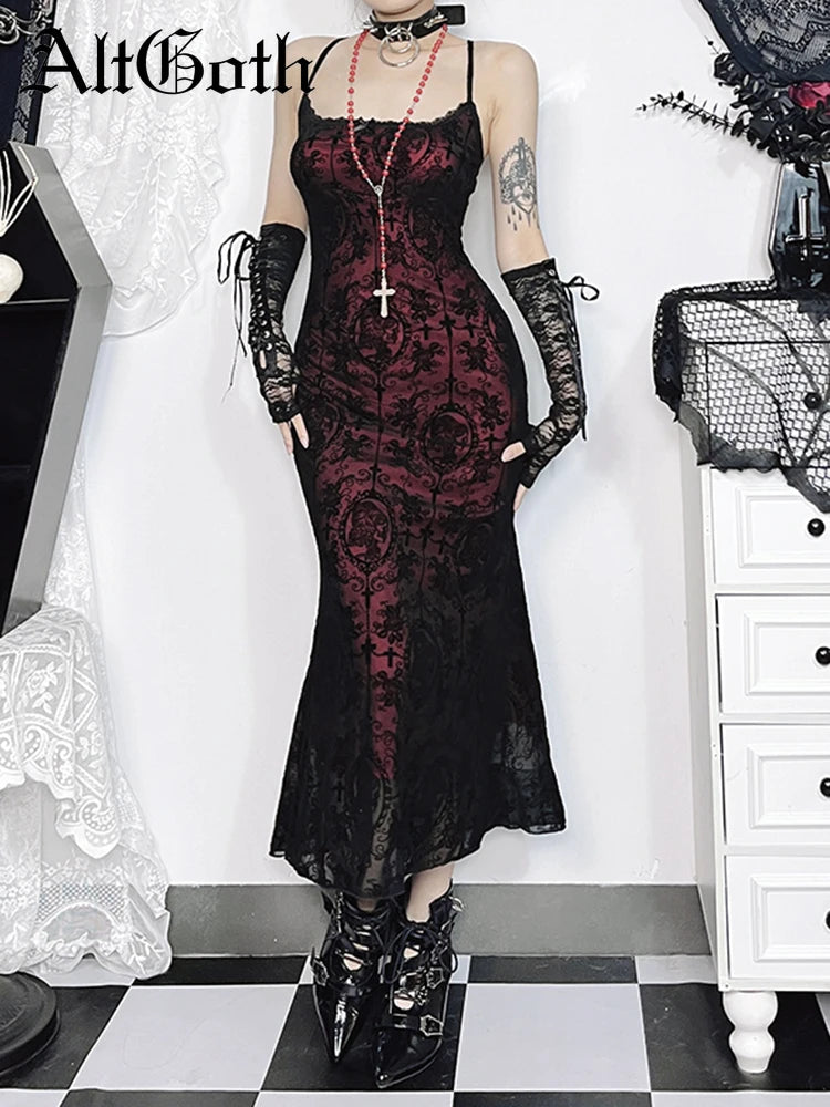 AltGoth Vintage Elegant Goth Dress.  Sexy Streetwear - Aesthetic Cross Pattern Spaghetti Strap Party Dress