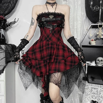 Gothic Design Dress - Sweetheart Corset Spice Strapless  Patchwork Hem Plaid Dress