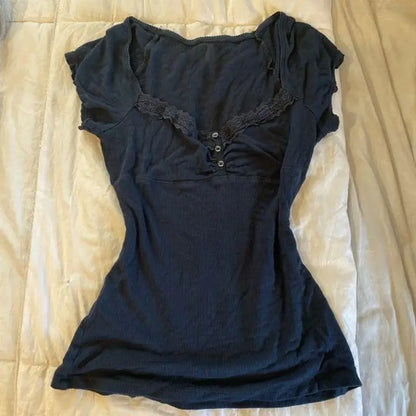 Gothic Crop Top Casual Slim Fit - Striped Lace Bow Button Design Short Sleeve T-Shirt, Streetwear