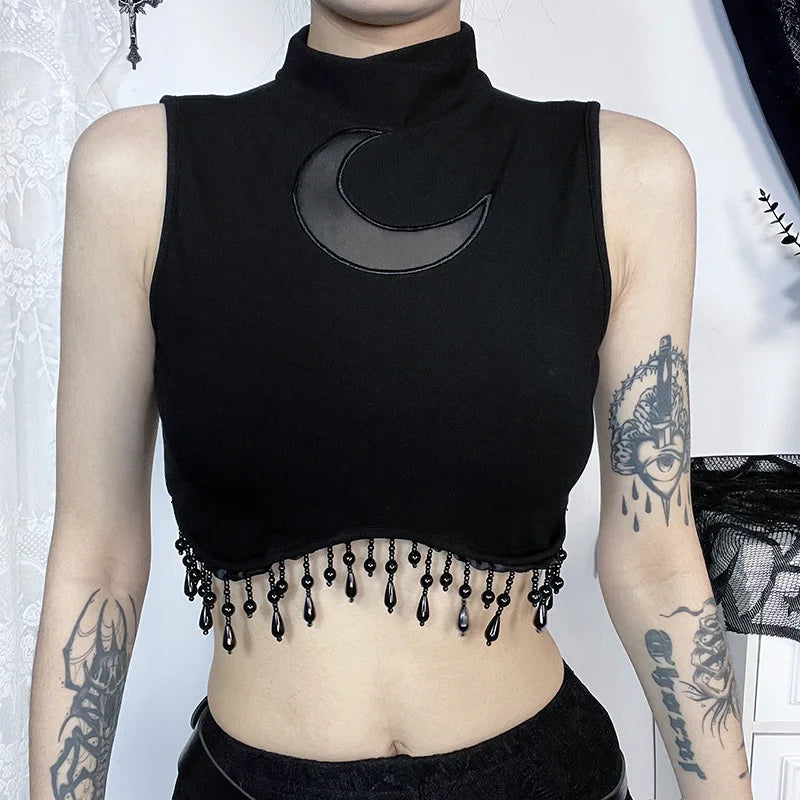 Goth Dark Cyber Skinny Turtleneck Tank Top - Sexy Moon Chain Tassle Vest Top