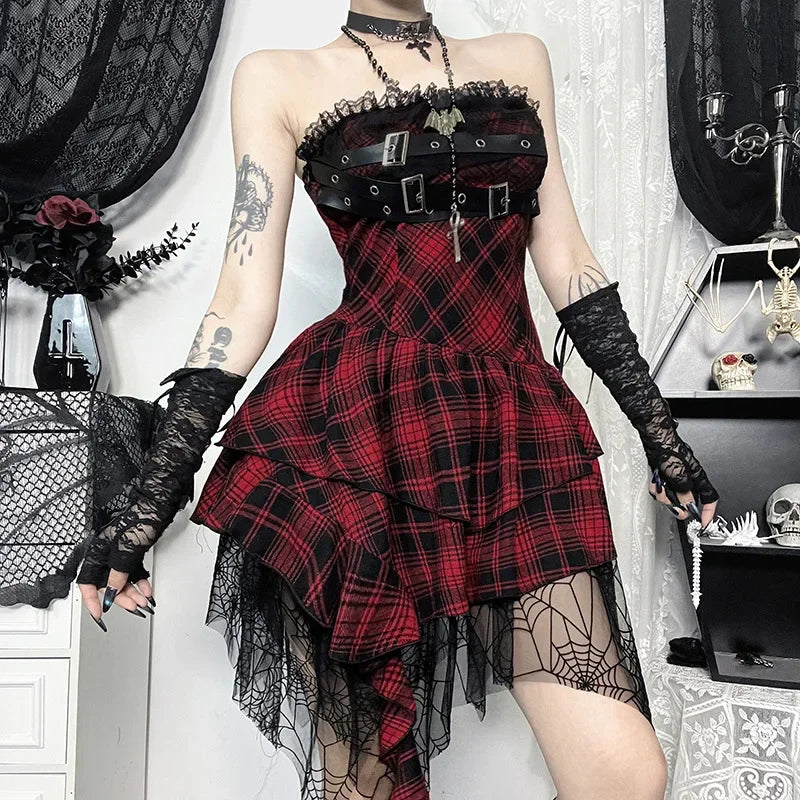 Gothic Design Dress - Sweetheart Corset Spice Strapless  Patchwork Hem Plaid Dress