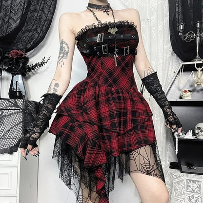 Gothic Design Dress - Sweetheart Corset Spice Strapless  Patchwork Hem Plaid Dress