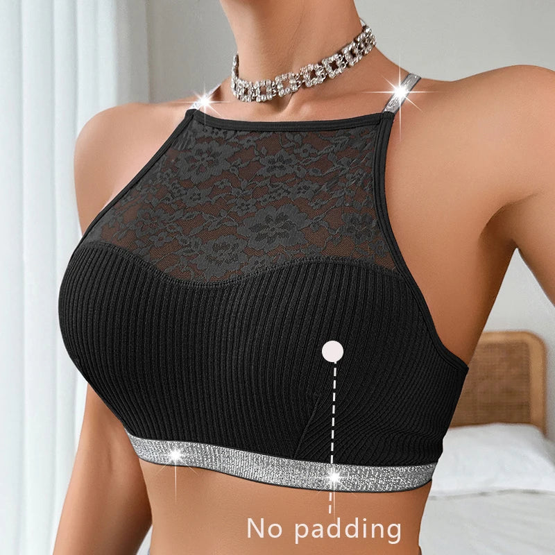 Floral Lace Ribbed Camisole Brassiere.  Comfortable Backless sexy bra.
