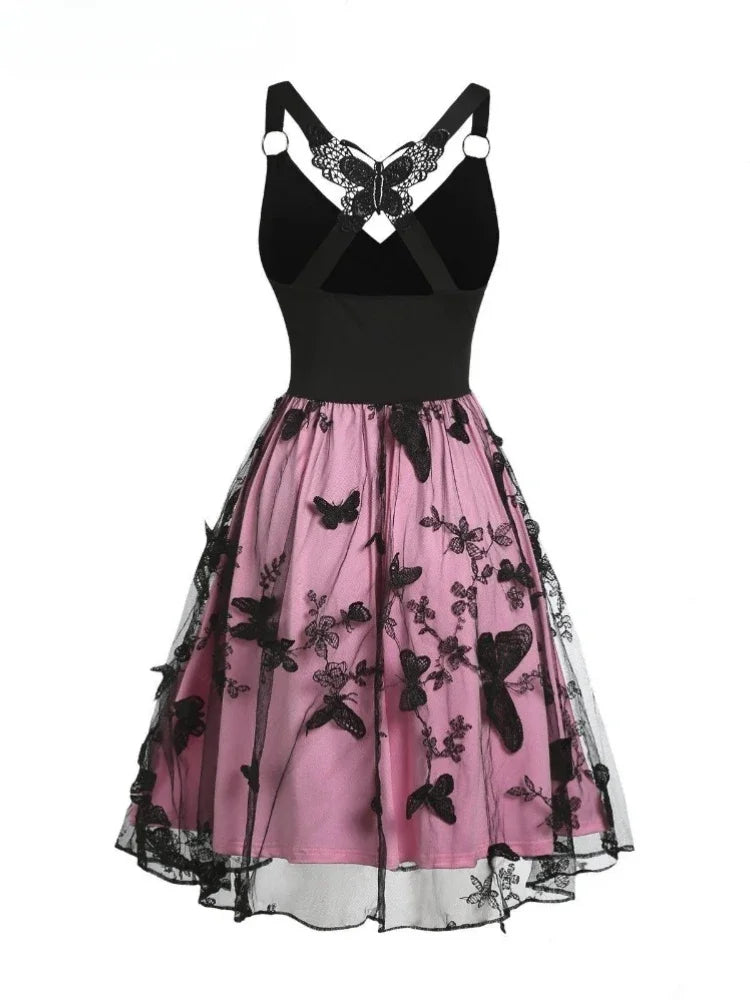 Retro Butterfly Mesh Embroidery Elegant Cocktail Dress. Sexy V Neck Evening Banquet Party Dress Dresses Women