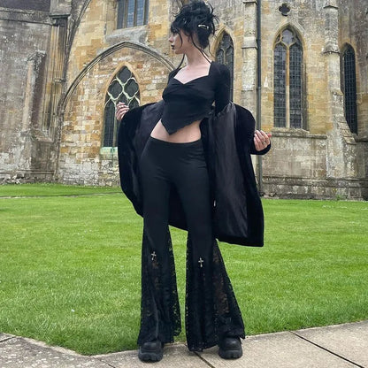 Goth Flare Pants -  Sexy Black Lace Patchwork High Waist Vintage Punk Grunge Streetwear  Y2k Pants
