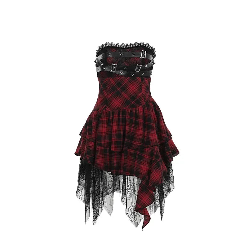 Gothic Design Dress - Sweetheart Corset Spice Strapless  Patchwork Hem Plaid Dress