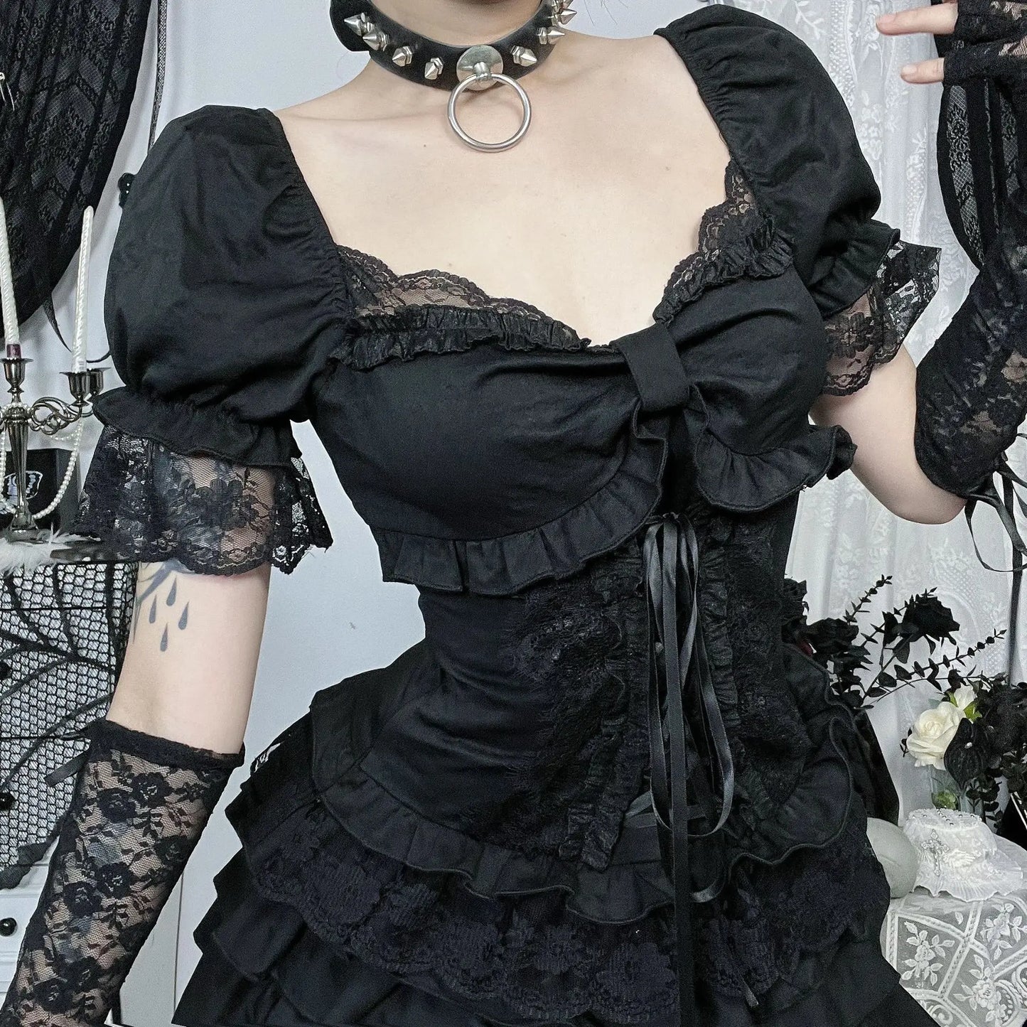 Solid E-girl Lace Patchwork Short Sleeve T-Shirt.  Bow Bandage Gothic Slim