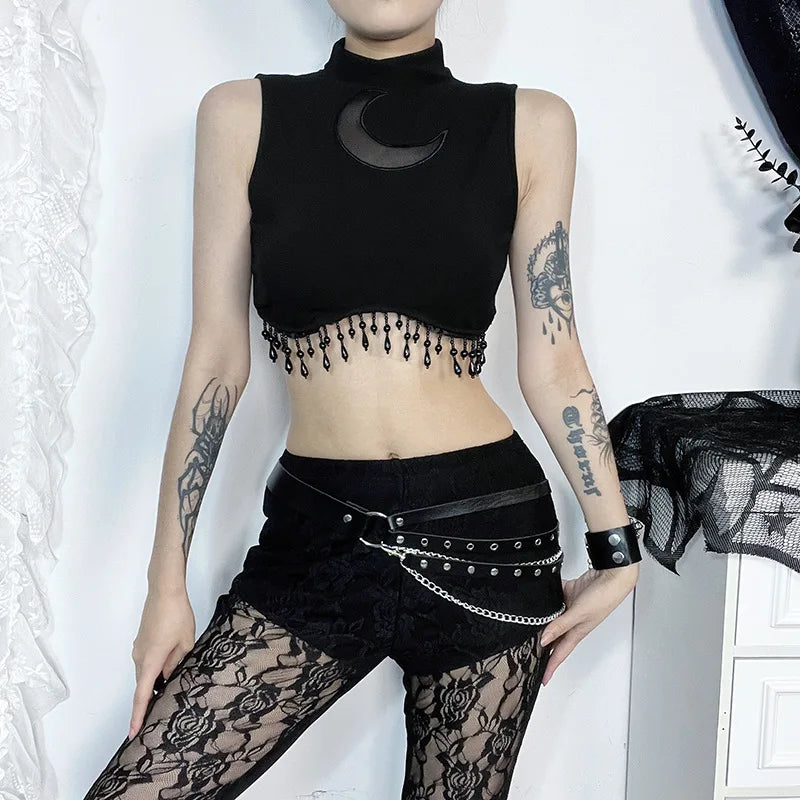 Goth Dark Cyber Skinny Turtleneck Tank Top - Sexy Moon Chain Tassle Vest Top
