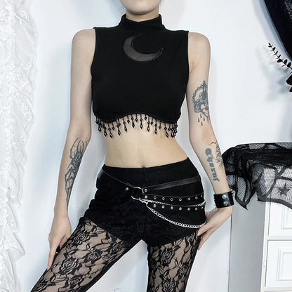 Goth Dark Cyber Skinny Turtleneck Tank Top - Sexy Moon Chain Tassle Vest Top