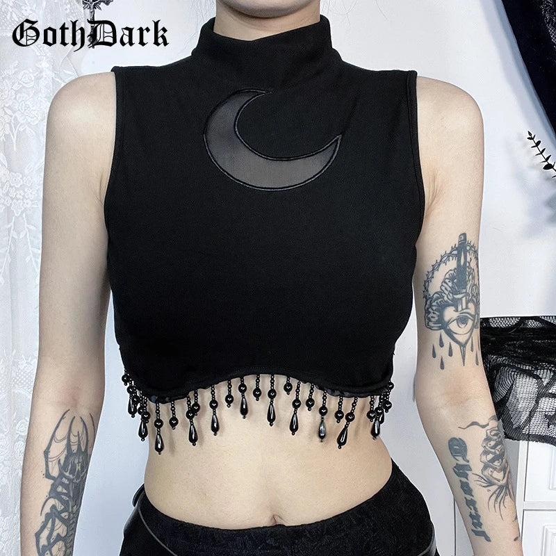 Goth Dark Cyber Skinny Turtleneck Tank Top - Sexy Moon Chain Tassle Vest Top