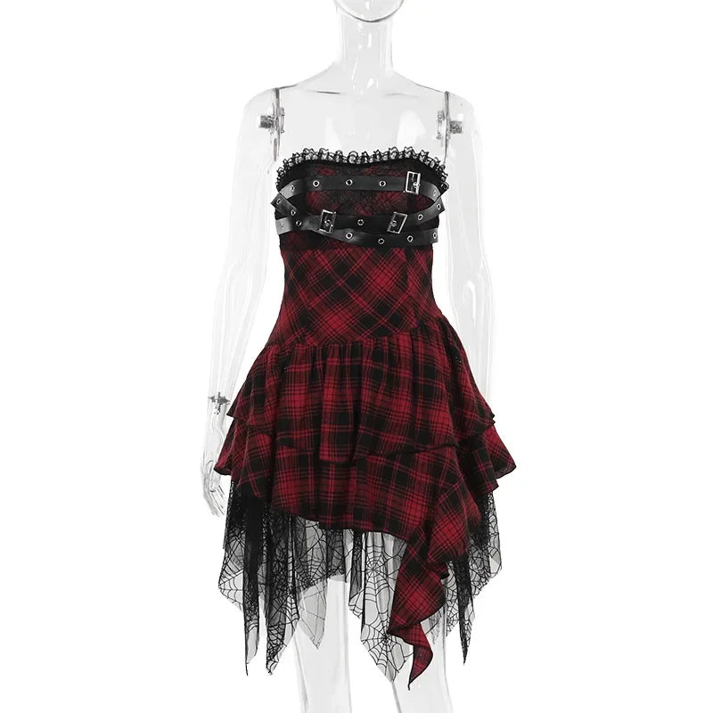 Gothic Design Dress - Sweetheart Corset Spice Strapless  Patchwork Hem Plaid Dress