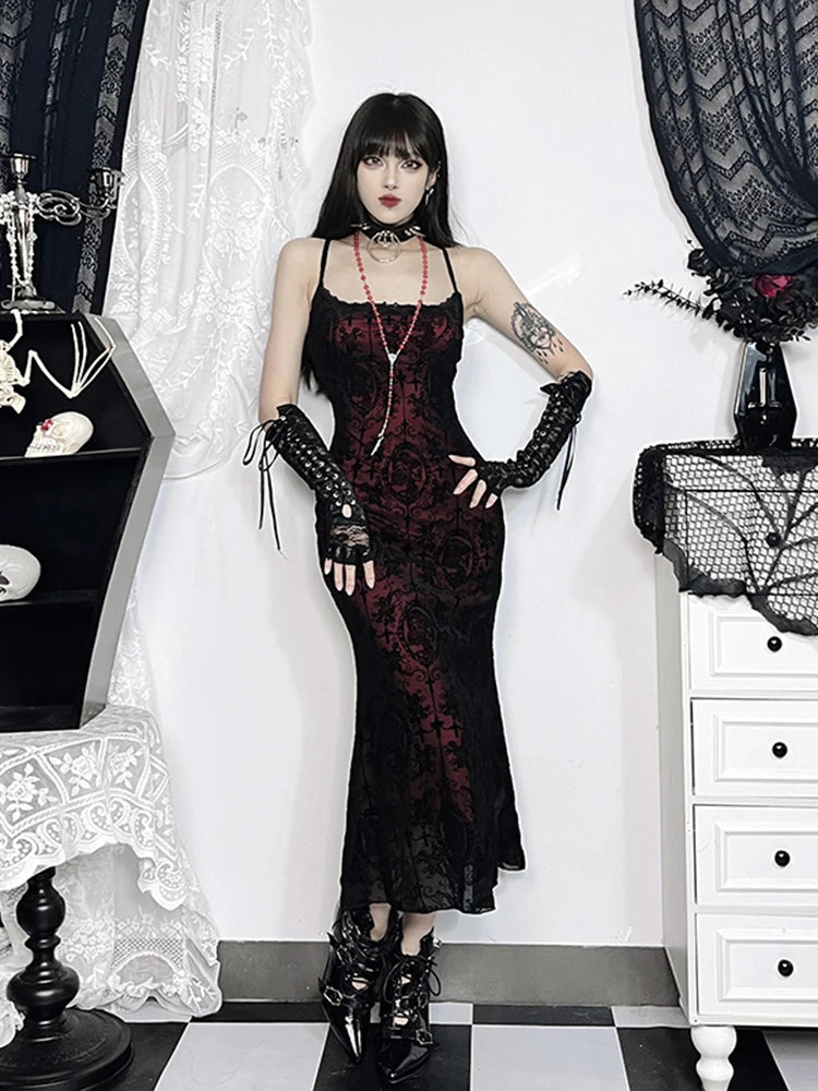 AltGoth Vintage Elegant Goth Dress.  Sexy Streetwear - Aesthetic Cross Pattern Spaghetti Strap Party Dress