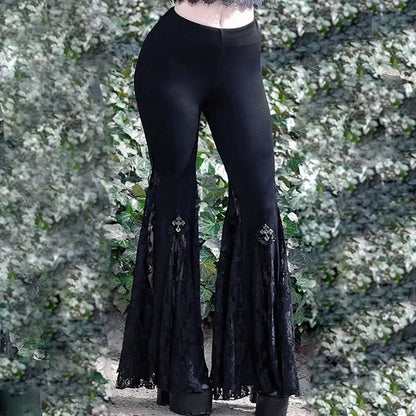 Goth Flare Pants -  Sexy Black Lace Patchwork High Waist Vintage Punk Grunge Streetwear  Y2k Pants