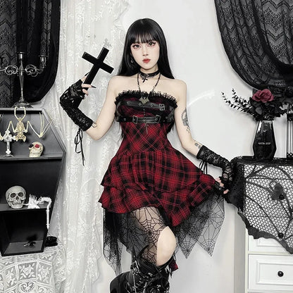 Gothic Design Dress - Sweetheart Corset Spice Strapless  Patchwork Hem Plaid Dress