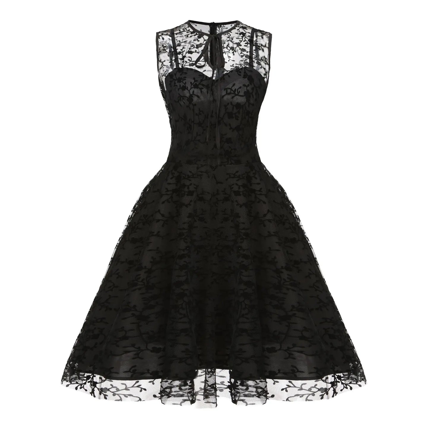 2024 New Hepburn Vintage O Neck Mesh A Line Dress.  Bow Embroidery,  Swing A Line 50s 60s Cocktail Party, Medium Length       s