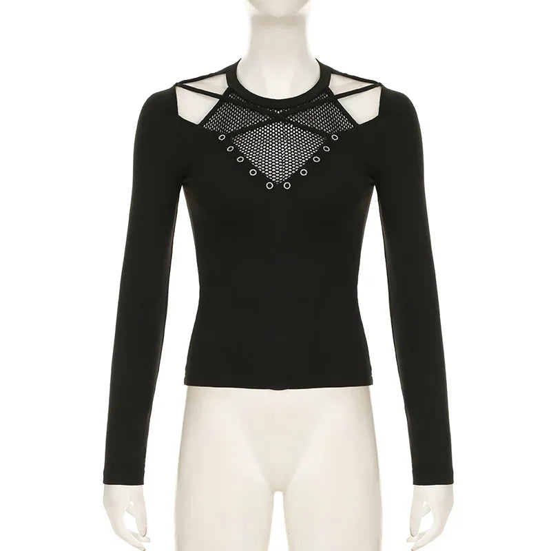 Goth Dark Tech wear Chic Hollow Out T-Shirt - See Through Slim Top