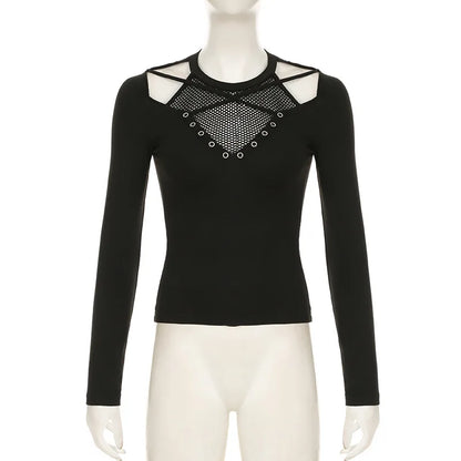 Goth Dark Tech wear Chic Hollow Out T-Shirt - See Through Slim Top