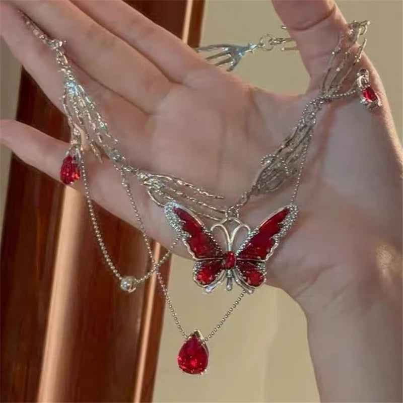 Gothic Red Butterfly Crystal Pendant Sliver Ghost Claw Short Choker Chain Necklace For Women Punk Y2K Charms Jewelry Accessories