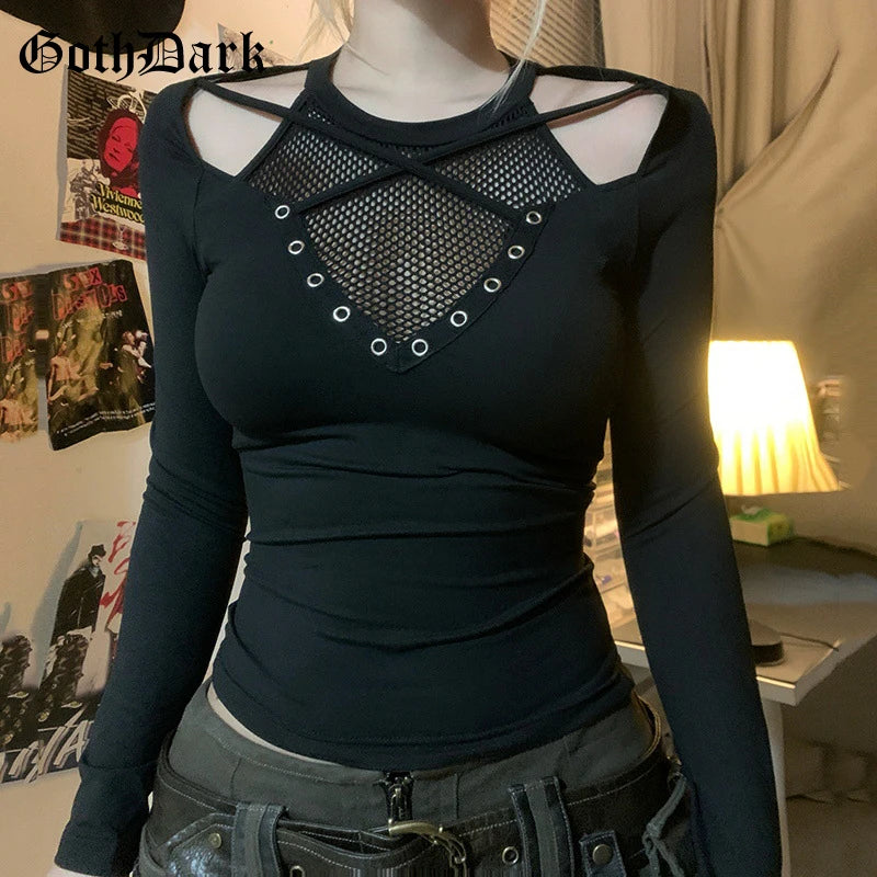Goth Dark Tech wear Chic Hollow Out T-Shirt - See Through Slim Top