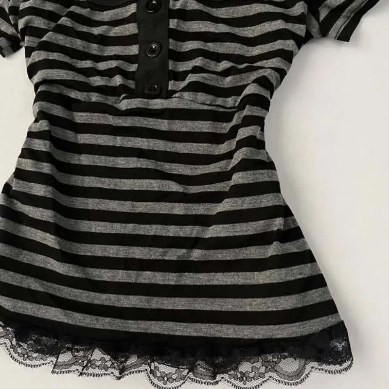 Gothic Crop Top Casual Slim Fit - Striped Lace Bow Button Design Short Sleeve T-Shirt, Streetwear