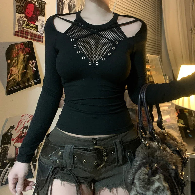 Goth Dark Tech wear Chic Hollow Out T-Shirt - See Through Slim Top