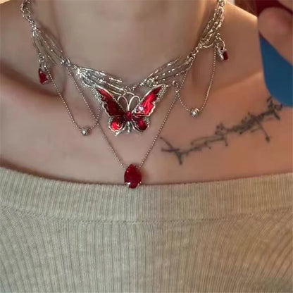 Gothic Red Butterfly Crystal Pendant Sliver Ghost Claw Short Choker Chain Necklace For Women Punk Y2K Charms Jewelry Accessories