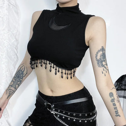 Goth Dark Cyber Skinny Turtleneck Tank Top - Sexy Moon Chain Tassle Vest Top