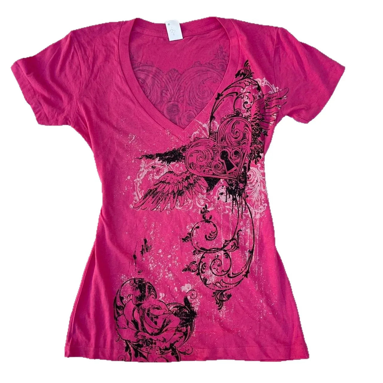 Women's Grunge Aesthetic Top Hot Pink Vintage Graphic - Winged Heart Lock Print V-Neck Fitted T-Shirt