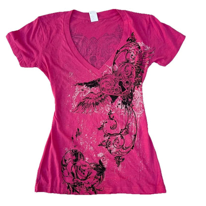 Women's Grunge Aesthetic Top Hot Pink Vintage Graphic - Winged Heart Lock Print V-Neck Fitted T-Shirt