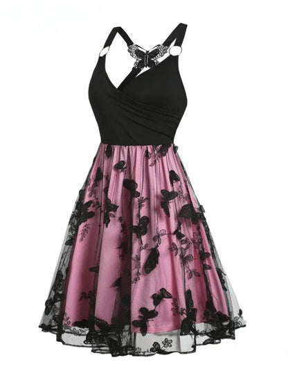 Retro Butterfly Mesh Embroidery Elegant Cocktail Dress. Sexy V Neck Evening Banquet Party Dress Dresses Women