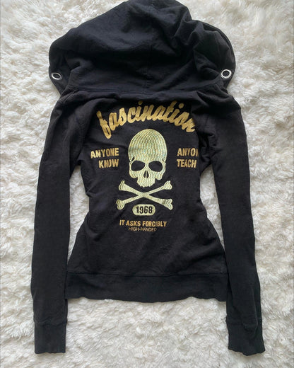 Retro Zipper Gothic Hoodie - Sexy Slim Fit Sweatshirt with Skull Graphic Embroidery