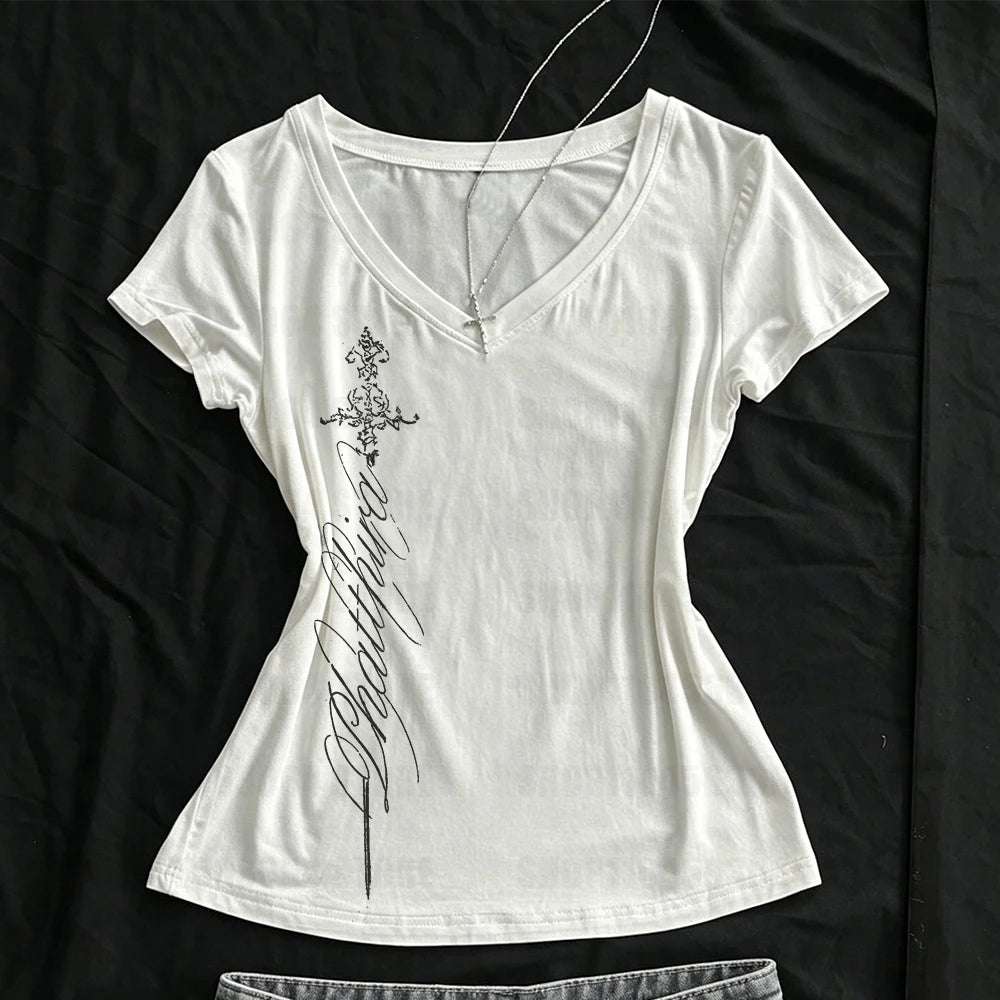 V Neck Slim Vintage Printing - Elegant Grunge Gothic Aesthetic Tee Shirt