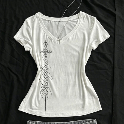 V Neck Slim Vintage Printing - Elegant Grunge Gothic Aesthetic Tee Shirt