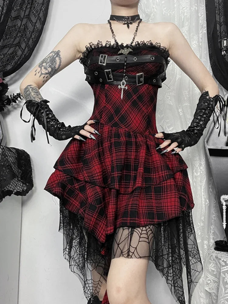 Gothic Design Dress - Sweetheart Corset Spice Strapless  Patchwork Hem Plaid Dress