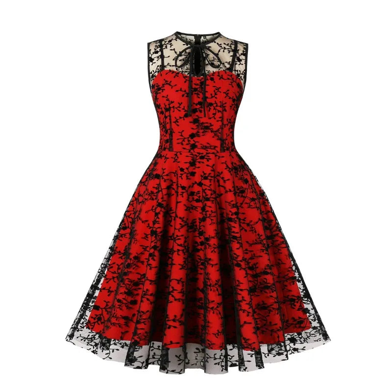 2024 New Hepburn Vintage O Neck Mesh A Line Dress.  Bow Embroidery,  Swing A Line 50s 60s Cocktail Party, Medium Length       s