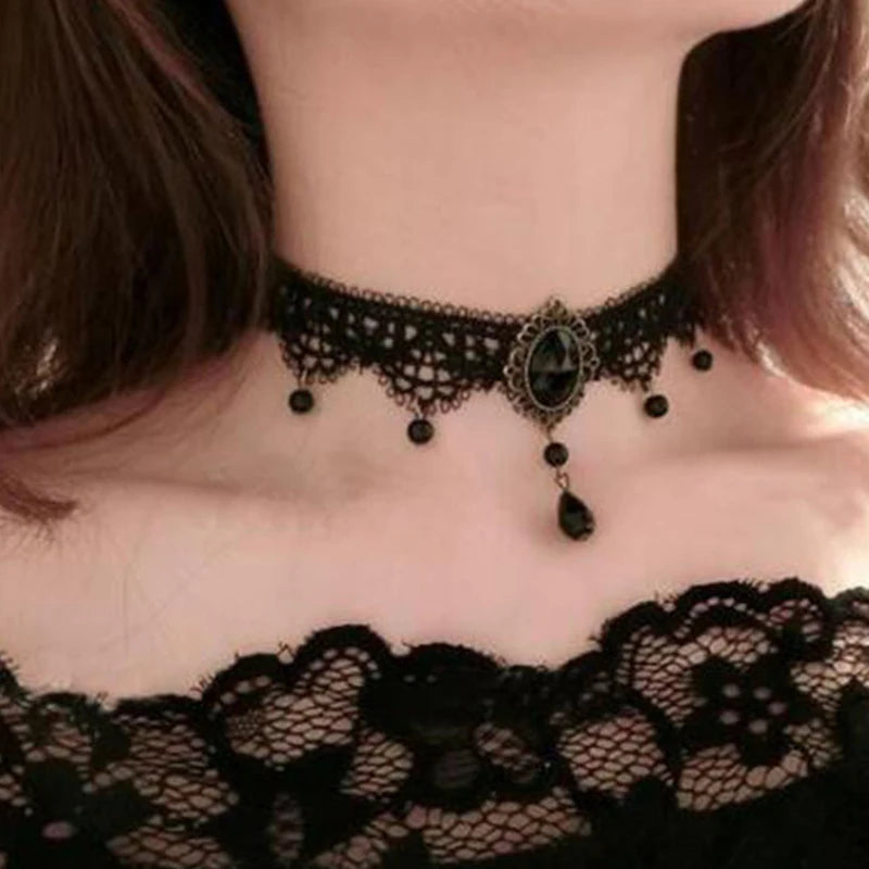 New Sexy Gothic Chokers. Crystal Black Lace Neck Wear.  Choker Necklace Vintage Victorian Women Chocker Steampunk Jewelry