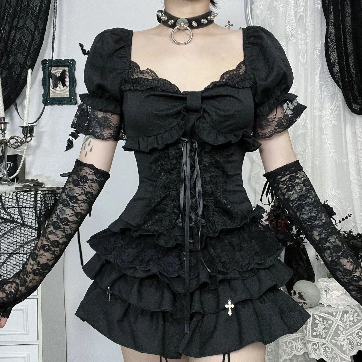 Solid E-girl Lace Patchwork Short Sleeve T-Shirt.  Bow Bandage Gothic Slim