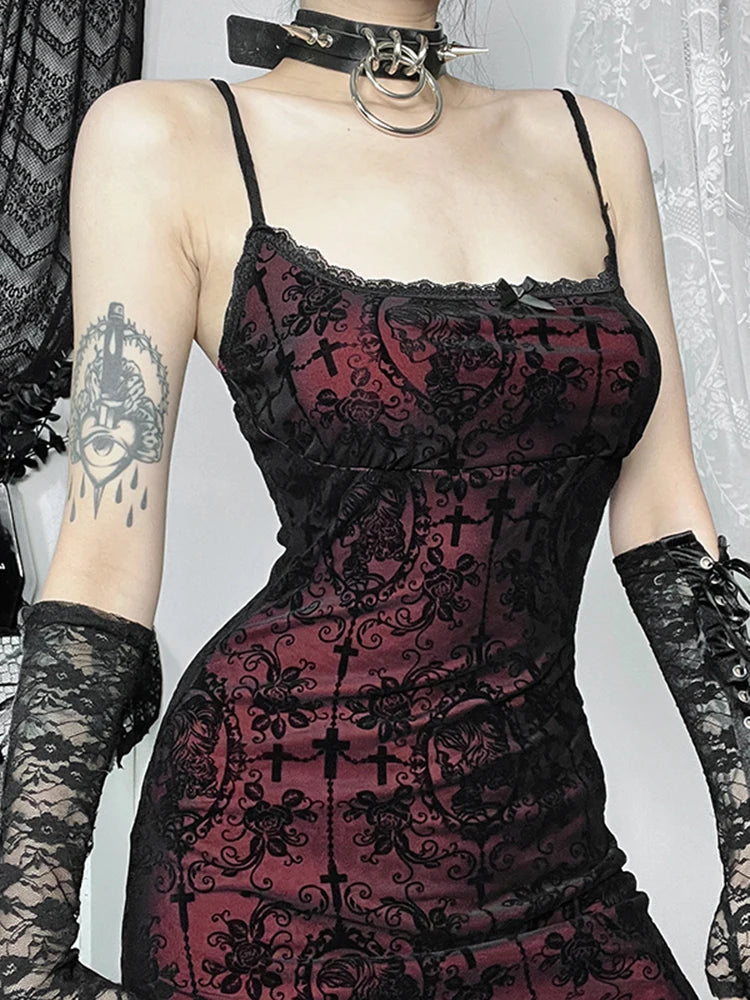 AltGoth Vintage Elegant Goth Dress.  Sexy Streetwear - Aesthetic Cross Pattern Spaghetti Strap Party Dress
