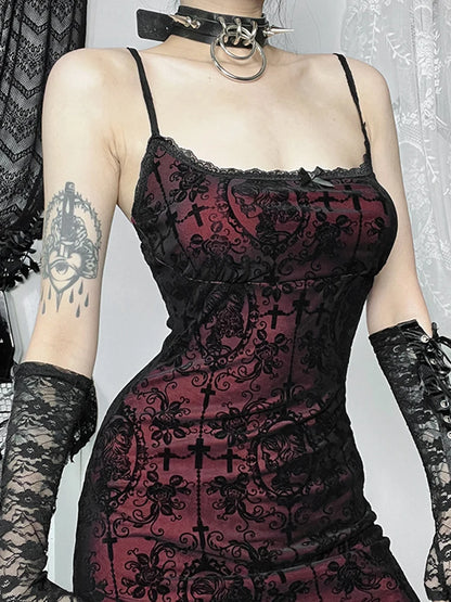 AltGoth Vintage Elegant Goth Dress.  Sexy Streetwear - Aesthetic Cross Pattern Spaghetti Strap Party Dress