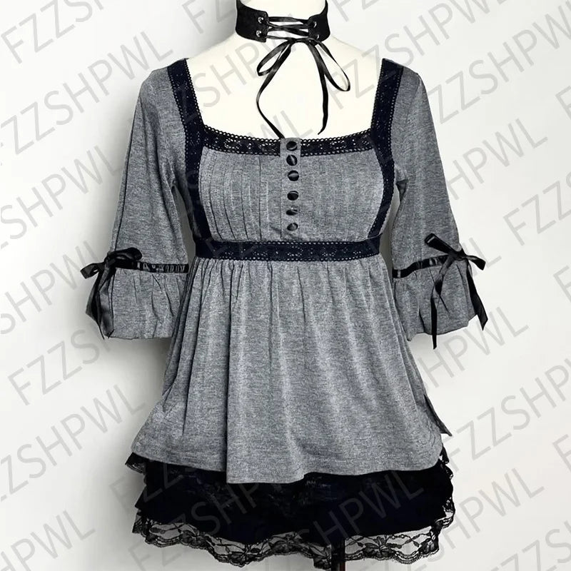 Goth Doom Grey Aesthetic Lace T-Shirt