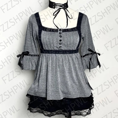 Goth Doom Grey Aesthetic Lace T-Shirt
