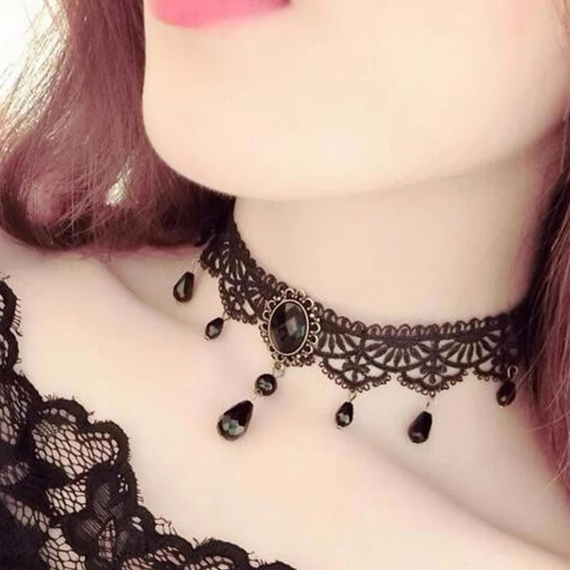 New Sexy Gothic Chokers. Crystal Black Lace Neck Wear.  Choker Necklace Vintage Victorian Women Chocker Steampunk Jewelry